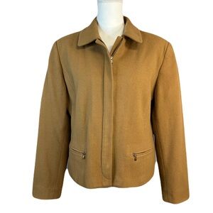 Vtg Casual Corner Women Cropped Wool Blend Jacket Sz 12 Zip Up Blazer Preppy Tan